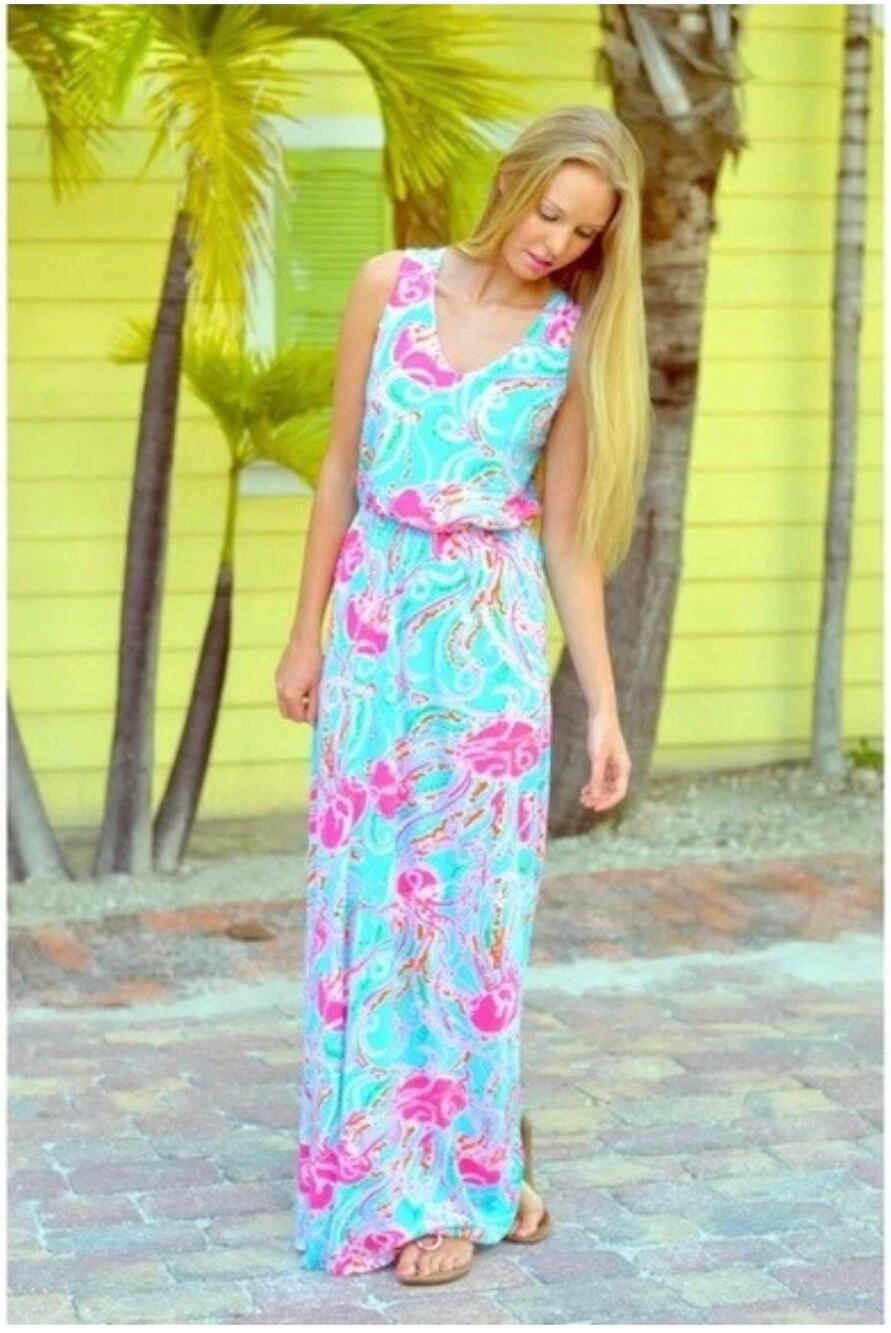 Lilly Pulitzer Mills Maxi Dress Pink Blue‎ Jellyfish Cotton Sleeveless Coastal S